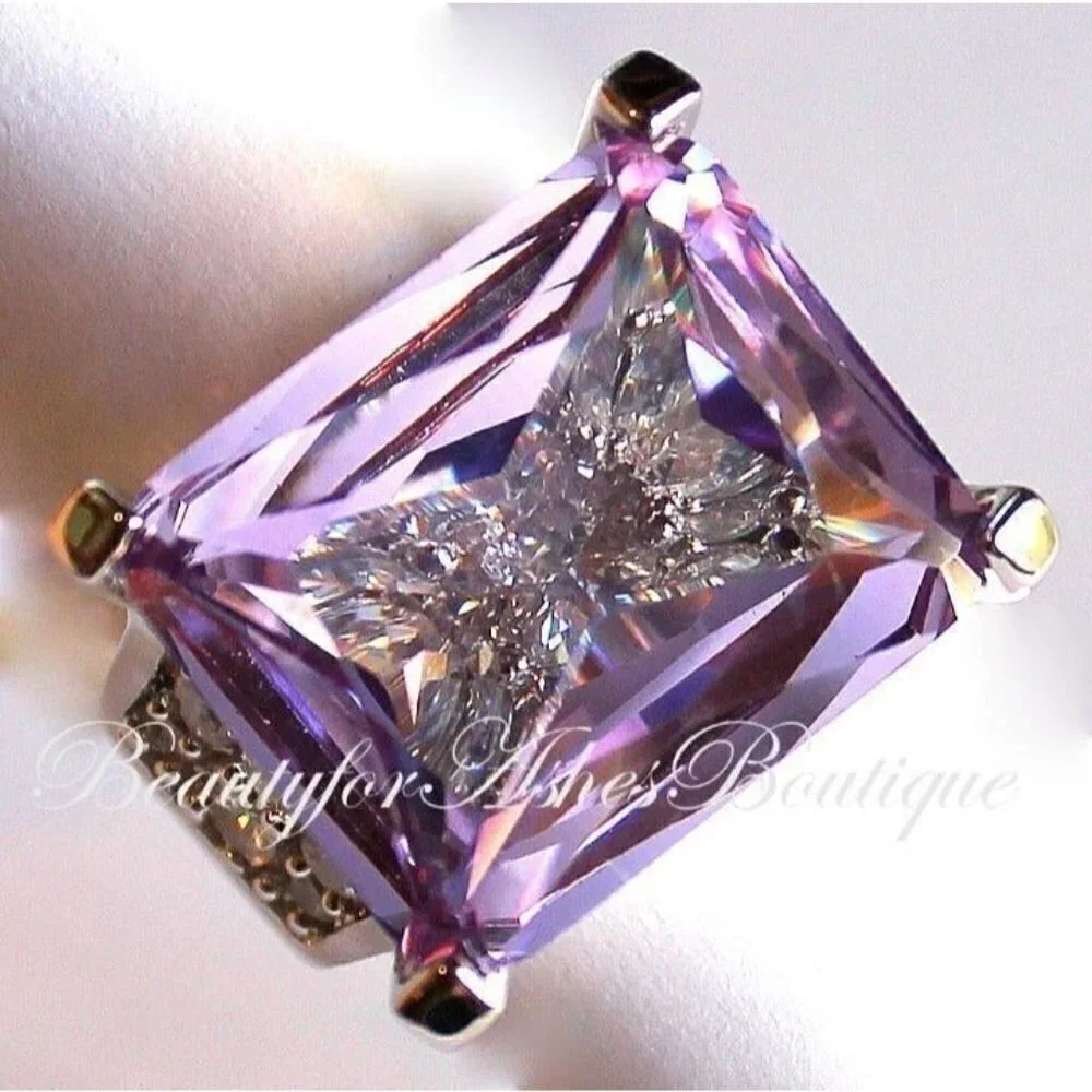 Light Purple Amethyst Lavender Cz Chunky Cocktail Rectangle Prom Ring Size 8